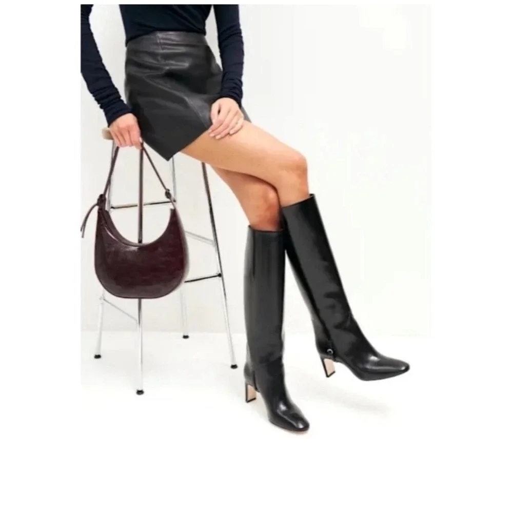 New Reformation Gaelle Knee Boots Sz 9 Black Leather New Buckle Detail Tall Heel